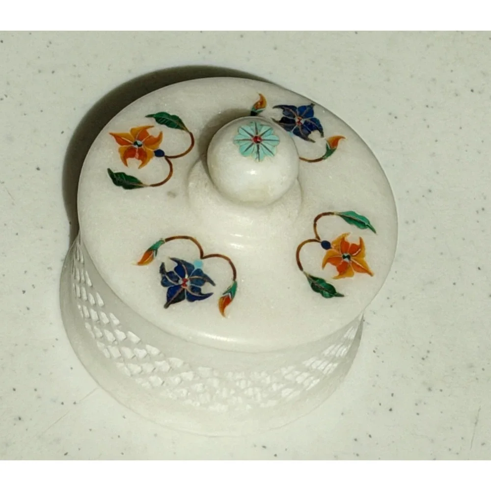 White Marble Ring Jewelry Box Lattice Inlaid Floral Design 2.5